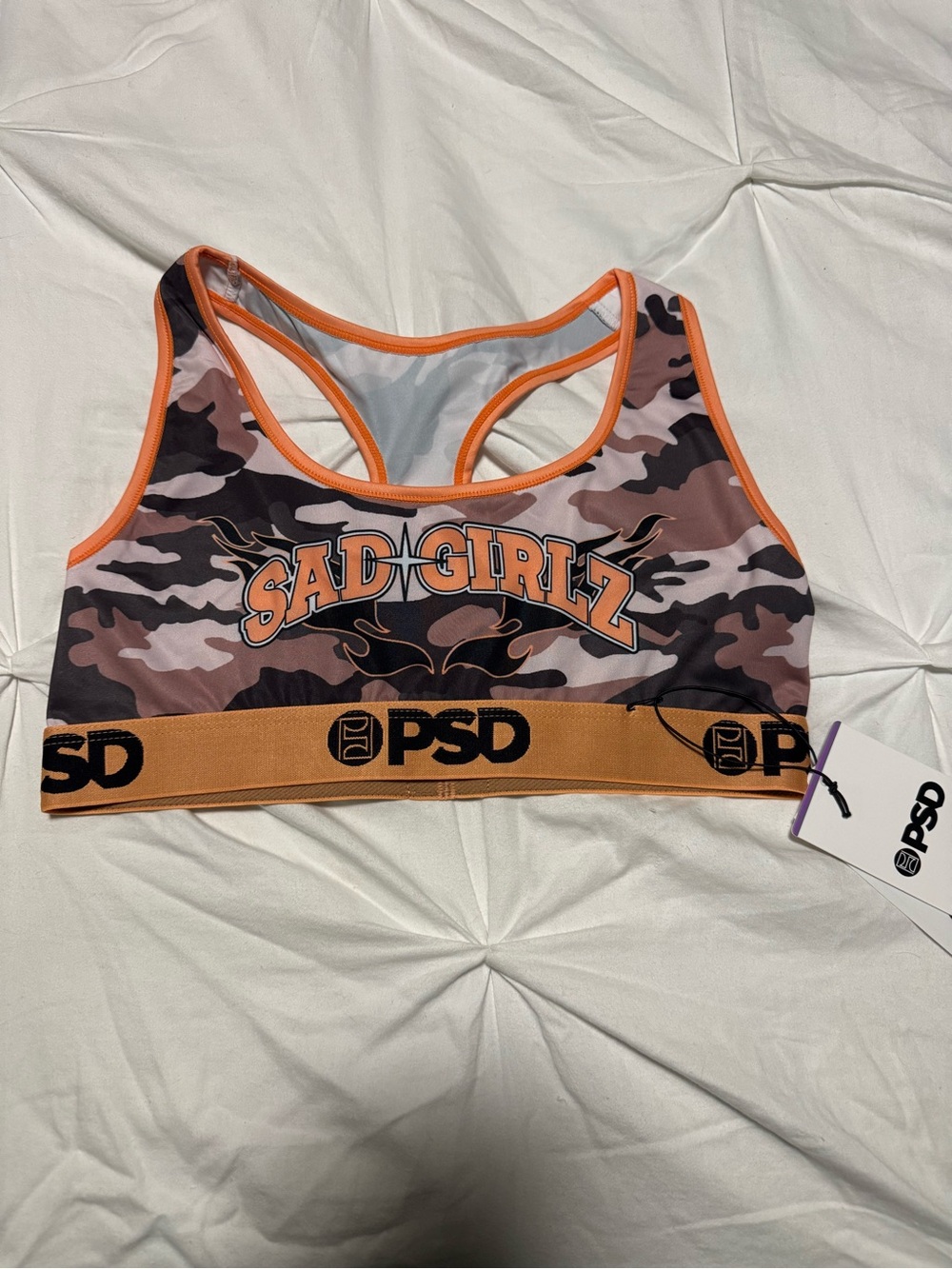 PSD Sad Girlz Camo Sports Bra in Pink & Orange Trim Sz L